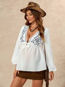 Boho Mama Camisa casual de maternidad con escote en V profundo, cordón, cintura elástica, manga larga, azul marino, para sesión de fotos, verano y otoño - Azul y blanco - Ver 3