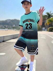 2pcs/Set Boys' Basketball 23 Gradient Tie-Dye Print Short Sleeve Round Neck T-Shirt And Shorts Set, Sports Casual For Spring/Summer - Multicolor - View 2