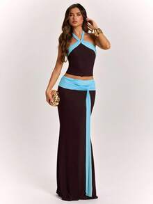 SHEIN BAE Dark Brown Color Block Tie Front Long Skirt, Vacation Style Sexy, Spring/Summer Club Night - Coffee Brown - View 3