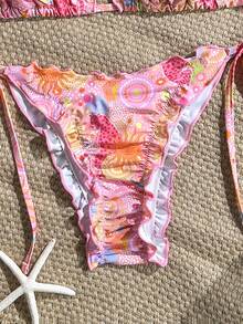 Swim Mod 2件套春夏沙滩度假随机印花荷叶边挂脖三角上衣和侧系带泳裤性感比基尼套装波西米亚风比基尼套装图案比基尼花卉比基尼套装夏季比基尼套装波西米亚风泳装阳光印花比基尼女士比基尼套装女士比基尼套装女士泳衣女士泳装两件套 - 彩色 - 查看 6