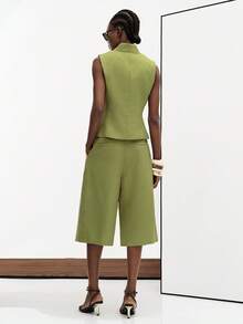 Aveloria Modichic Women's Solid Color Single-Breasted Top And 3/4 Length Pants Casual Elegant Everyday Set Teachers' Day Office Olive Green Summer - Army Green - View 2