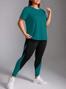 SHEIN Rhythm Era Women's Plus Size Short Sleeve Round Neck Sports Set Gym Sports Teal Summer - Olive Green - View 5
