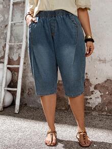 EMERY ROSE EMERY ROSE Pantalones cortos vaqueros de talla grande para mujer con cintura elástica y bolsillos, versátiles para uso diario - Azul lavado oscuro - Ver 5