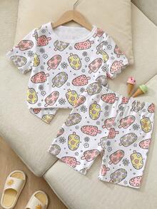 1 Set Girls Ice Cream And Floral Print Fitted Pajamas, Short Sleeve Top And Shorts, Spring/Summer Style - White - View 3