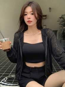 DAZY 女款素色拉鍊休閒百搭日常旅行長袖夾克 - 黑色 - 查看 5