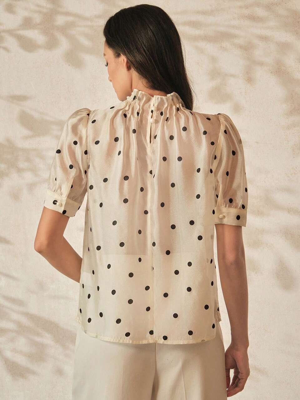 Anewsta Women's Summer Polka Dot Black And White Puff Short Sleeve Blouse, Elegant Casual Vacation Beach Office Brunch Top