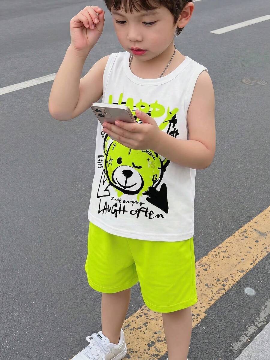 小男孩休閒極簡短袖兩件套,適合春夏,經典酷感塗鴉街頭風熊圖案印花 - 彩色 - 查看 1