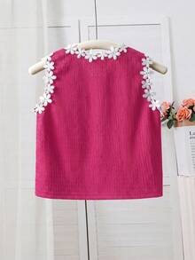 SHEIN Chaleco informal de niña con parches de unicolor, contraste de color y cinta floral tejida - Rosa Fucsia - Ver 3
