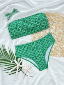 Swim Mod 2 件套女士沙滩装比基尼套装，夏季花卉印花抹胸高腰短裤，度假比基尼 - 綠色 - 查看 2