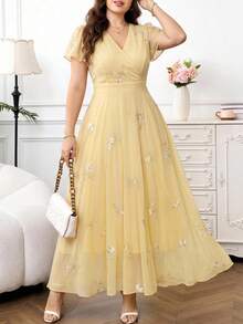 Reflora Gaun Elegan Wanita Ukuran Besar dengan Motif Bunga Besar, Gaun Tamu Pernikahan Musim Panas - Kuning - View 2
