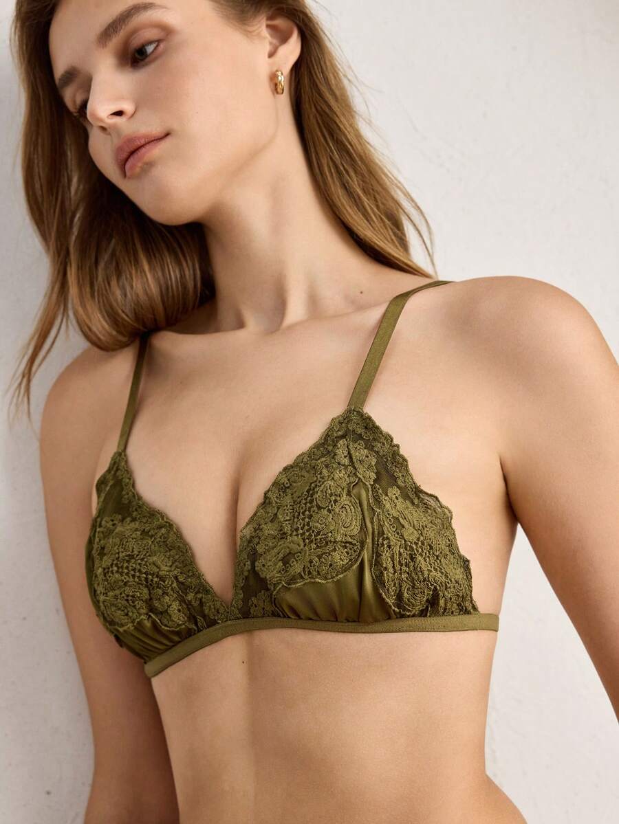 Ocili 休閒緞面舒適極簡刺繡蕾絲女款內衣 - 綠色 - 查看 1