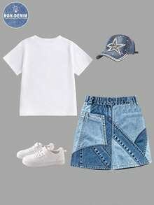 Ensemble 2 pièces pour jeune fille, mode décontractée printemps/été, tenue de robe à manches courtes, motif patchwork cœur bleu doux et frais, design t-shirt à col rond à manches courtes et jupe cargo patchwork rose, choix incontournable pour l'été, tenue confortable et à la mode pour filles, ensemble printemps/été - Multicolore - Voir 3