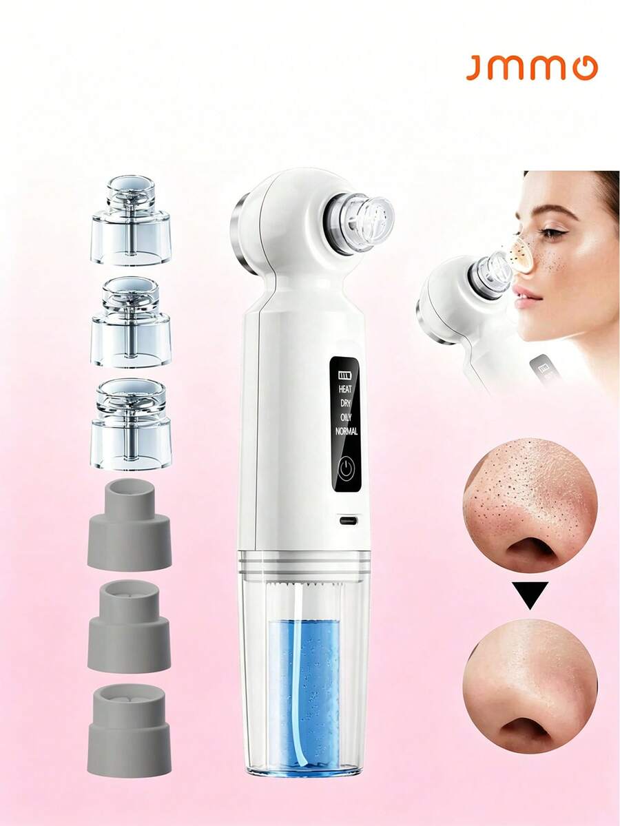 JMMO 1 Piece Electric Blackhead Removal Tool With Heating Function (6 Interchangeable Heads), Portable USB Rechargeable Pore Cleaner, Can Clean The Face And Remove Blackheads, Suitable For Daily Home, Beauty And Skincare, (Built-In 300mAh Lithium Battery)