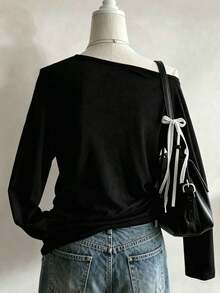 Lalippa Y2K Women's Faux Floral Print Comfortable Color Pattern Asymmetric Neck Casual Long Sleeve T-Shirt, Suitable For Spring/Summer Daily Wear And Gatherings - Black - View 2