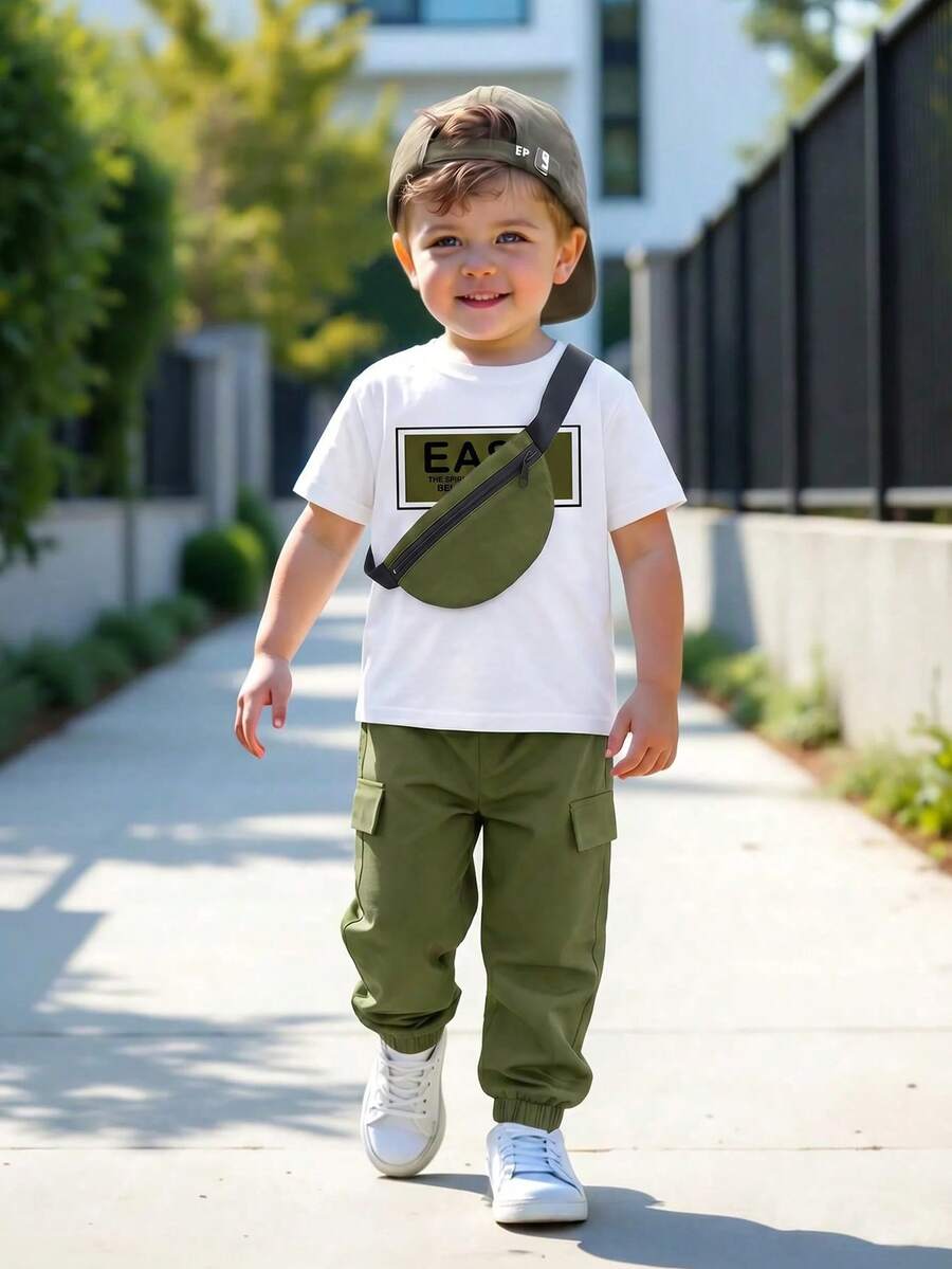 Vacaura 3pcs Boys Outfit Sets, Short Sleeve T-Shirt Paired With Cargo Pants And Bag, Casual Versatile Suit For Spring/Summer - Green - View 1
