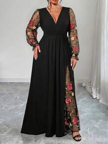 Elenzga Plus Size Premium Patchwork Embroidered Mesh Women's Dress - Multicolor - View 4