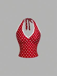 SHEIN MOD 女款波點掛脖無袖短版紅色與白色甜美性感可愛 90s 80s 復古 Y2K 吊帶上衣 外出度假派對萬聖節節慶夏季 - 紅白色 - 查看 6