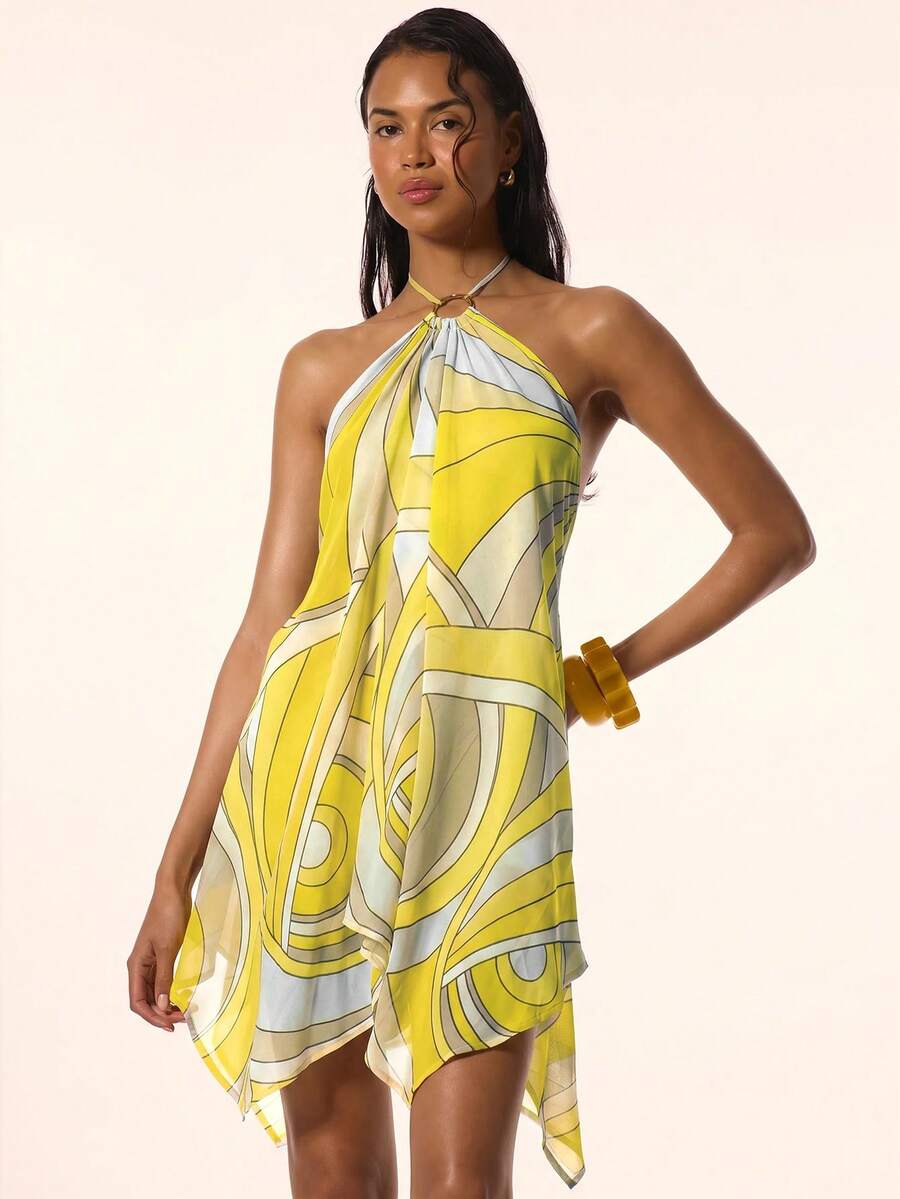MUSERA Strappy Halterneck Ring Detail Floaty Draped Low Back Mini Dress Cute Spring Summer Holiday - Yellow - View 1
