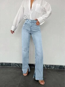 100%Cotton Split Hem Straight Leg Jeans - Baby Blue - View 5
