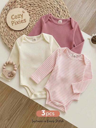 Cozy Pixies Newborn Baby Girl Solid Color Knit Soft Round Neck Long Sleeve Autumn Bodysuit 3pcs Pieces Set Versatile Comfortable