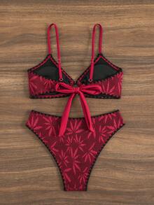 Swim Chiccia Women's Colorblock Spaghetti Strap Backless Tie-Up Textured Fabric Underwire Contrast Trim Bikini, Elegant Summer Beach Casual Vacation Swimwear - Burgundy - View 3