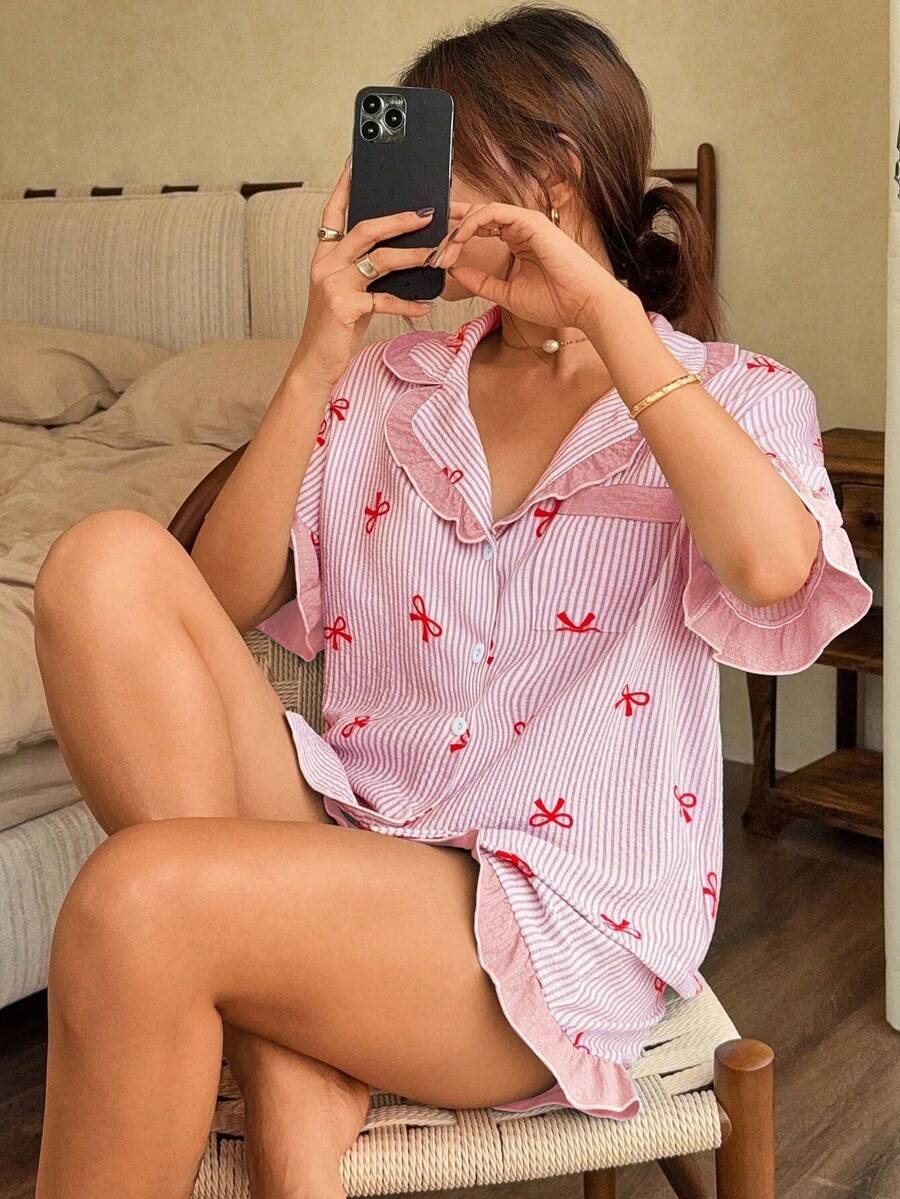 Napfluff Women's Blue Striped Bow Print Patchwork Contrast Color Ruffle Hem Lapel Short Sleeve Shorts Pajama Set - Pink - View 1