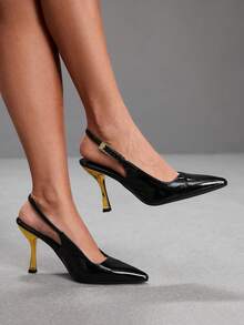CUCCOO SZL Women's Chic Black Patent Leather Slingback Pumps With Gold Sculptural Heels And Pointed Toe Design - Black - View 3