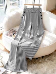 GlowEve CURVE Plus Size Women's Grey Striped Fabric Wide Waistband Slant Pocket Black Resin Button Decor Straight Leg Wide Leg Vacation Style Long Pants Fall - Grey - View 4