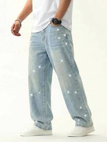 Teen Boy Fashion Shining Sequined Vintage Blue Loose-Fitting Jeans For Rave Outfits Festival - Blue - View 4