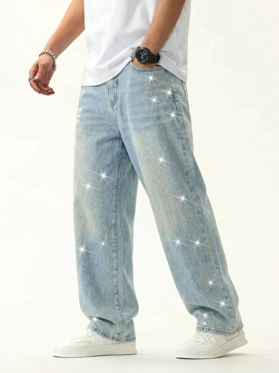 青少年男孩時尚閃亮亮片復古藍色寬鬆牛仔褲,適合電音派對與節慶穿搭 - 藍色 - 查看 1