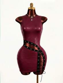 Mistrie Women's PU Leather Eyelet Decor Sexy Date Party Dress - Burgundy - View 1