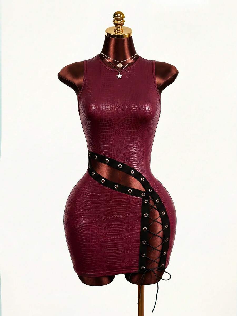 Mistrie Women's PU Leather Eyelet Decor Sexy Date Party Dress - Burgundy - View 1