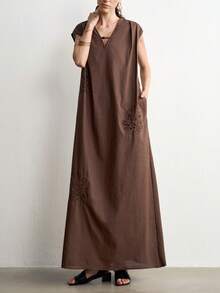 Aalyst Women's Summer Elegant French Romantic Minimalist Sleeveless V-Neck Dress Linen Texture Dark Brown Robe Vacation - Brown - View 9