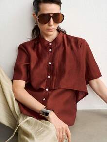 Aalyst French Style High-End Stand Collar Single-Breasted Design Short Sleeve Red-Brown Shirt Loose Fit Elegant Slimming Top - Rust Brown - View 2