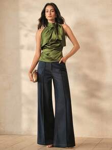Anewsta Chaleco de fiesta elegante vintage para mujer, primavera/verano, cuello alto pequeño, bajo asimétrico, tirante con lazo, sin mangas, corte ajustado, favorecedor - Verde - Ver 6