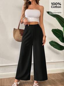 Siren Gaze Pantalones largos sueltos de cintura elástica de unicolor para mujer, adecuados para salidas diarias, reuniones, actividades al aire libre, desplazamientos, ropa de calle, vacaciones - Negro - Ver 7