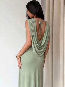 Aloruh Women's Spring/Summer New Sage Green Mesh A-Line Dress Suitable For Wedding Date Dinner Going Out Party Beach Elegant - Green - View 1