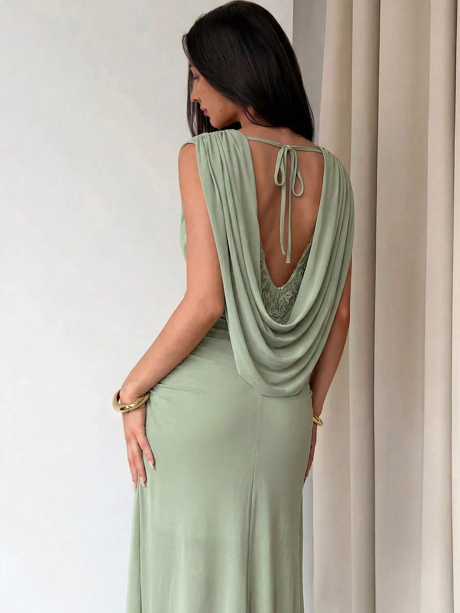 Aloruh Women's Spring/Summer New Sage Green Mesh A-Line Dress Suitable For Wedding Date Dinner Going Out Party Beach Elegant - Green - View 1