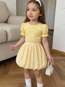 Elladie kids 夏季新款欧美时尚优雅女童套装，白色蝴蝶结装饰粉色圆领泡泡袖T恤+粉白格子泡泡裙，适合日常、通勤、上学等场合穿着。 - 黃色 - 查看 3