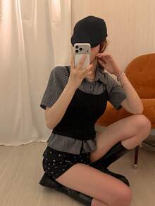 DAZY 女款層次感掛脖短袖T恤性感休閒波希米亞優雅高級法式復古修身2件套夏季校園黑色 - 黑色 - 查看 7