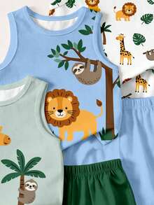 Baby Boy Casual Minimalist Tank Tops 3pcs Set For Summer, Classic Cute Cartoon Giraffe Print, Handsome Lion, Little Bear Print, Palm Tree Print, Suitable For Vacation - Multicolor - View 4