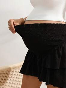 SHEIN Maternity Solid Color Vacation Shirred Design Ruffle Hem Skort - Black - View 7