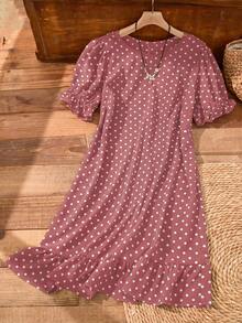 Rusticease 大尺碼女款春季休閒度假棕色波點荷葉邊泡泡袖洋裝 - 珊瑚粉 - 查看 8