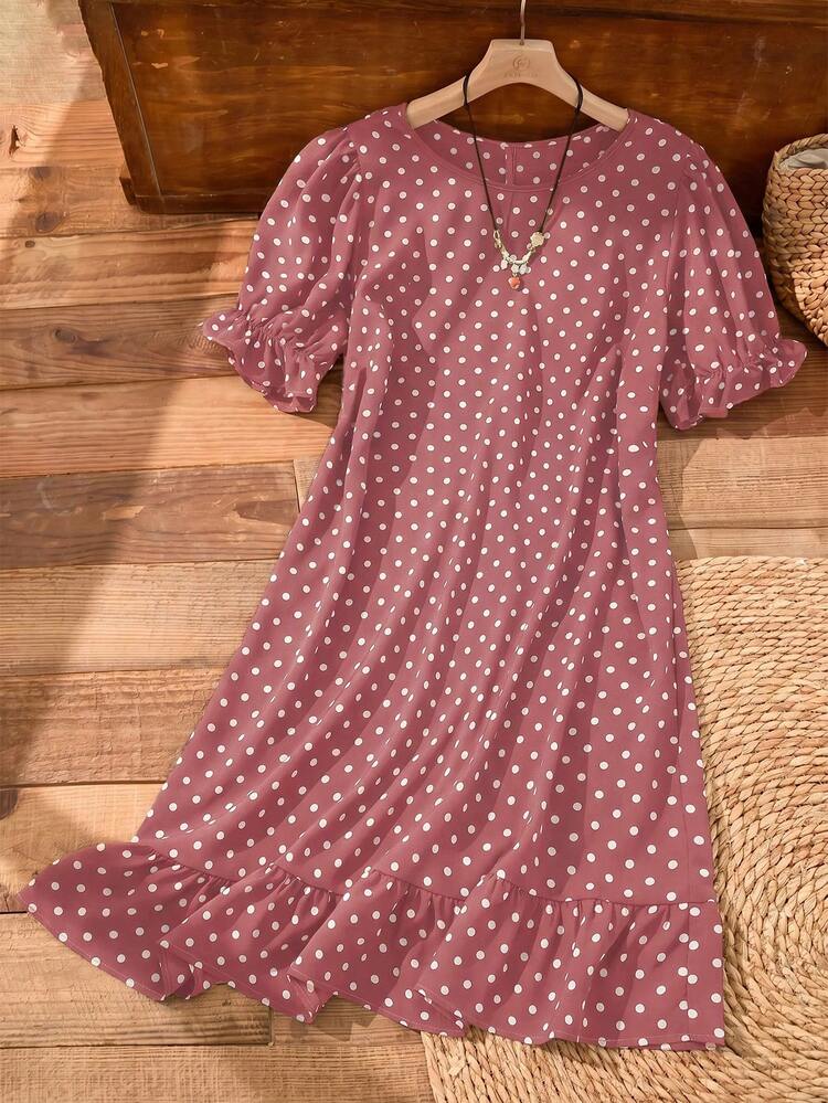 Rusticease Vestido casual de primavera para vacaciones de mujer talla grande con lunares marrones, volantes y mangas abullonadas - Rosa coral - Añade 8