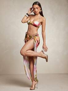 Silquee Summer Beach Vacation Beige Orange Halter Neck Women's Bikini Sarong 3 Pieces Set Tropical - Multicolor - View 1