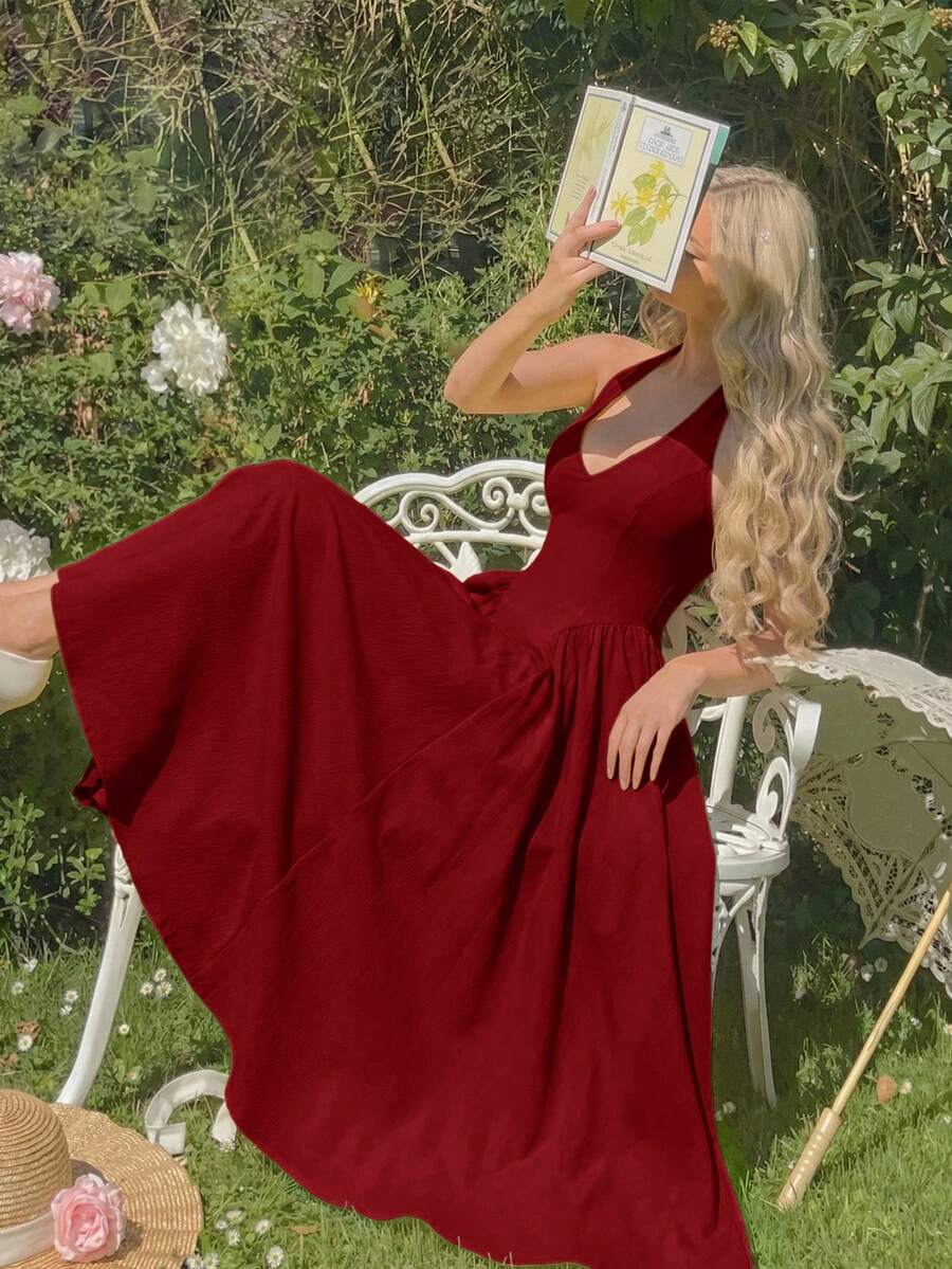 Skyraze Women's Solid Color Halter Neck Fashion Elegant Dress - Burgundy - View 1