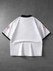ROMWE MEN 男士字母骷髅印花休闲百搭通勤短袖Polo衫 - 黑與白 - 查看 3