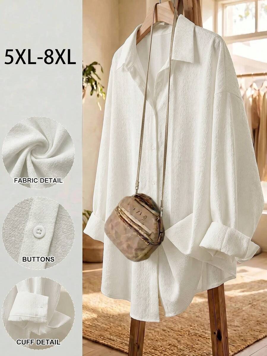 SHEIN CURVE+ 大尺碼休閒落肩寬鬆襯衫，適合春夏秋冬、度假、海灘 - 白色 - 查看 1