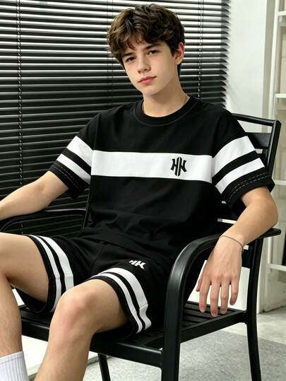 2026 Summer New American Style Striped Colorblock 2-Piece Set For Men, Brand Embroidered Logo Short Sleeve T-Shirt & Knee Length Shorts Outfit, Youthful Loose Drop Shoulder Fit, Versatile For Student Commute Home Outing, Retro Street Style Fit For All Body Types, Slouchy Complete Outfit Bestseller, Campus Casual Sports Daily Travel Full Set, Highly Adaptable For Multiple Occasions