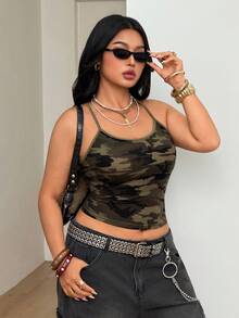 Coolane 女款大尺碼夏季街頭風外出休閒性感 Crave Y2K 時尚彈性迷彩貼身細肩帶背心上衣 - 軍綠色 - 查看 6